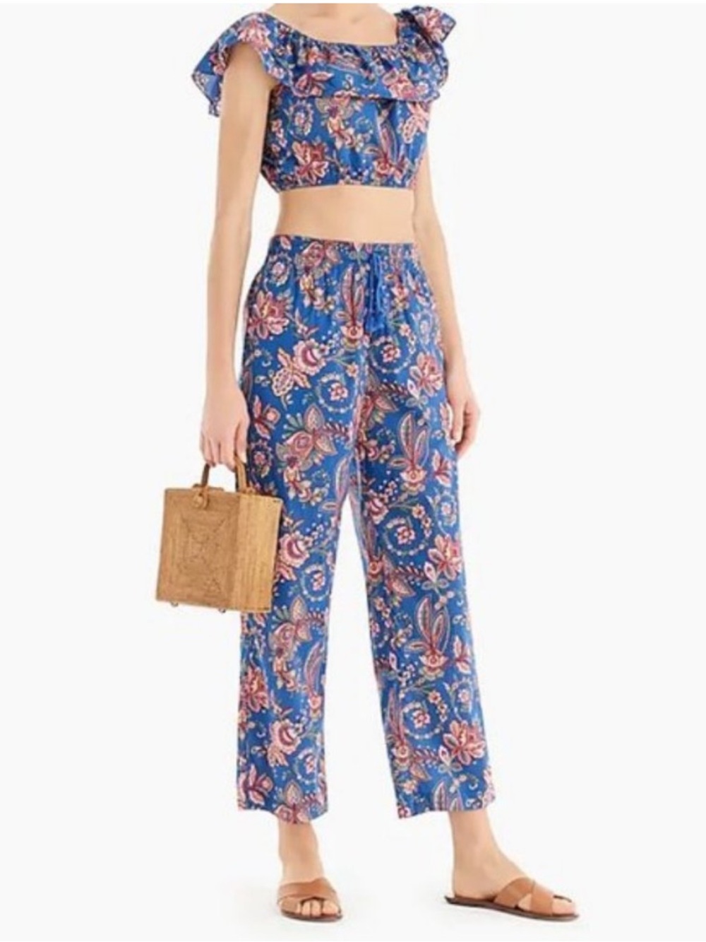 J Crew Liberty Paloma Blue Beach Pant & Off The Shoulder Crop Top Set Outfit XS